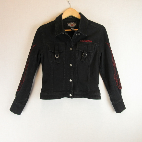 Harley-Davidson Jackets & Blazers - Harley Davidson Black Cotton Denim Jacket Size M Embroidered
